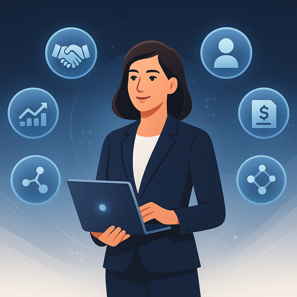 Integrated business solutions dashboard showing CRM, HRM, and Payroll systems